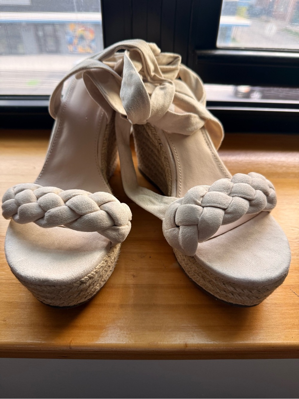 Braided Ankle-Tie Espadrille Wedge Sandals in Cream